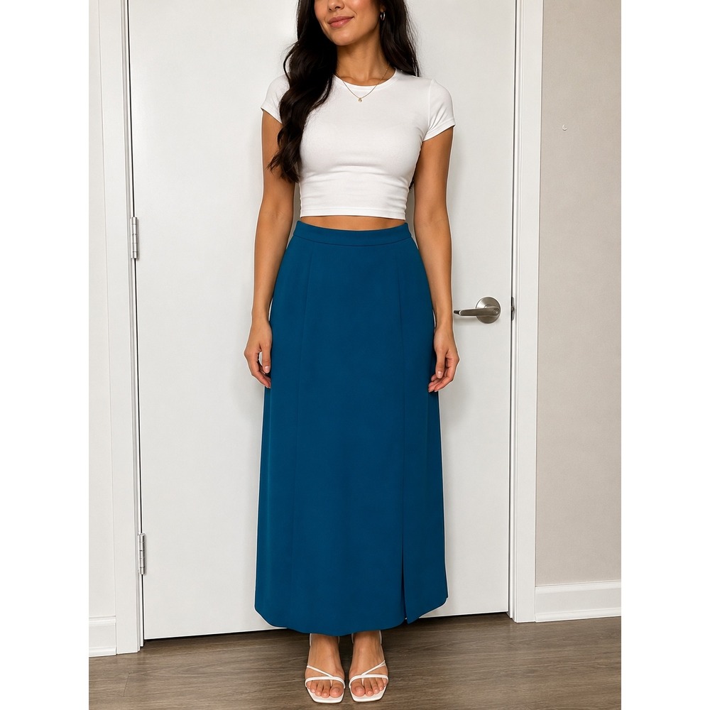 Karin Stevens Vintage Teal Blue Maxi Skirt Elastic Waist Front Slit Size 6